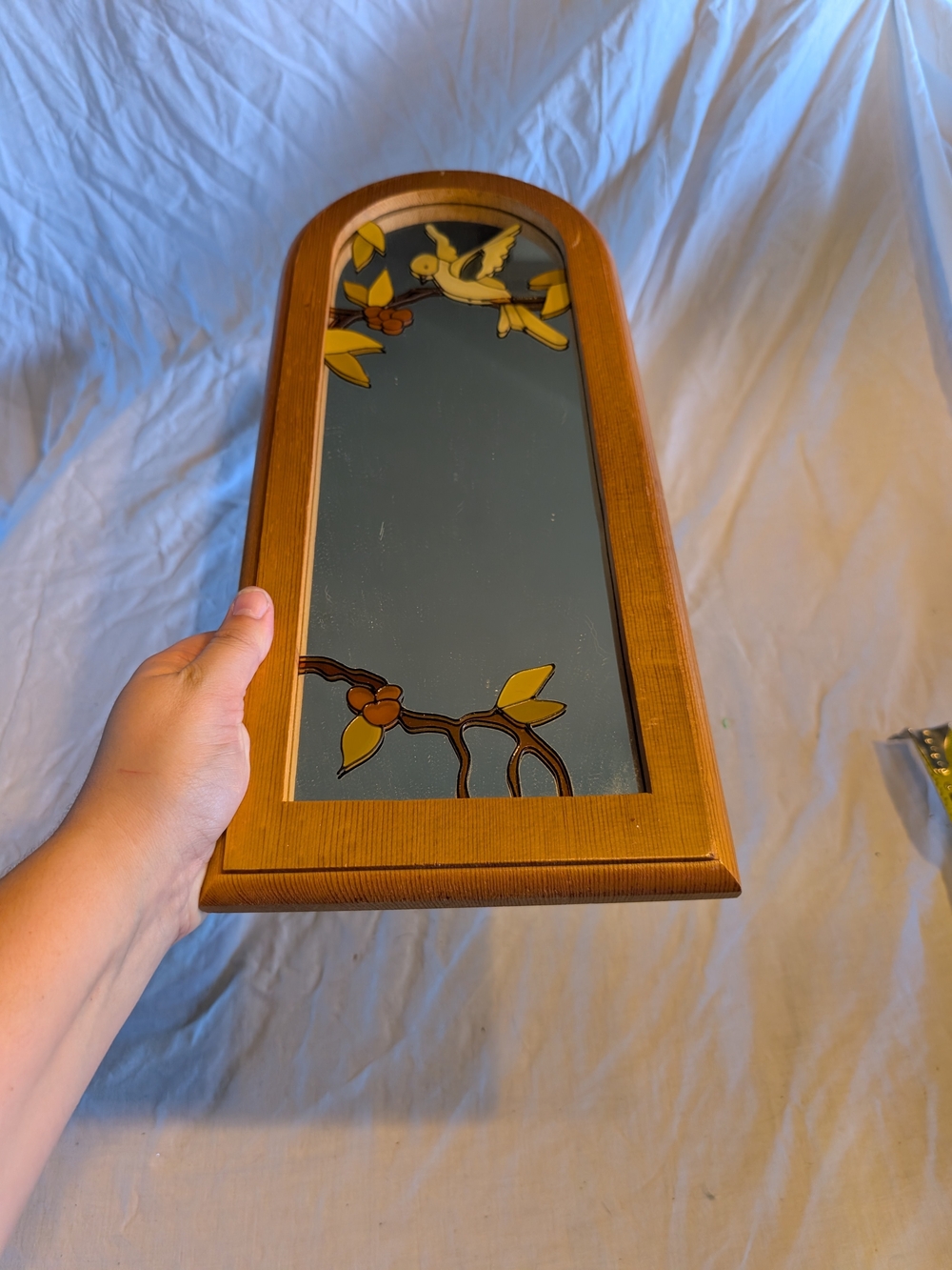 2/60$ Vintage Brown Wooden Arched Wall Mirror with Yellow Bird and Leaf Accents